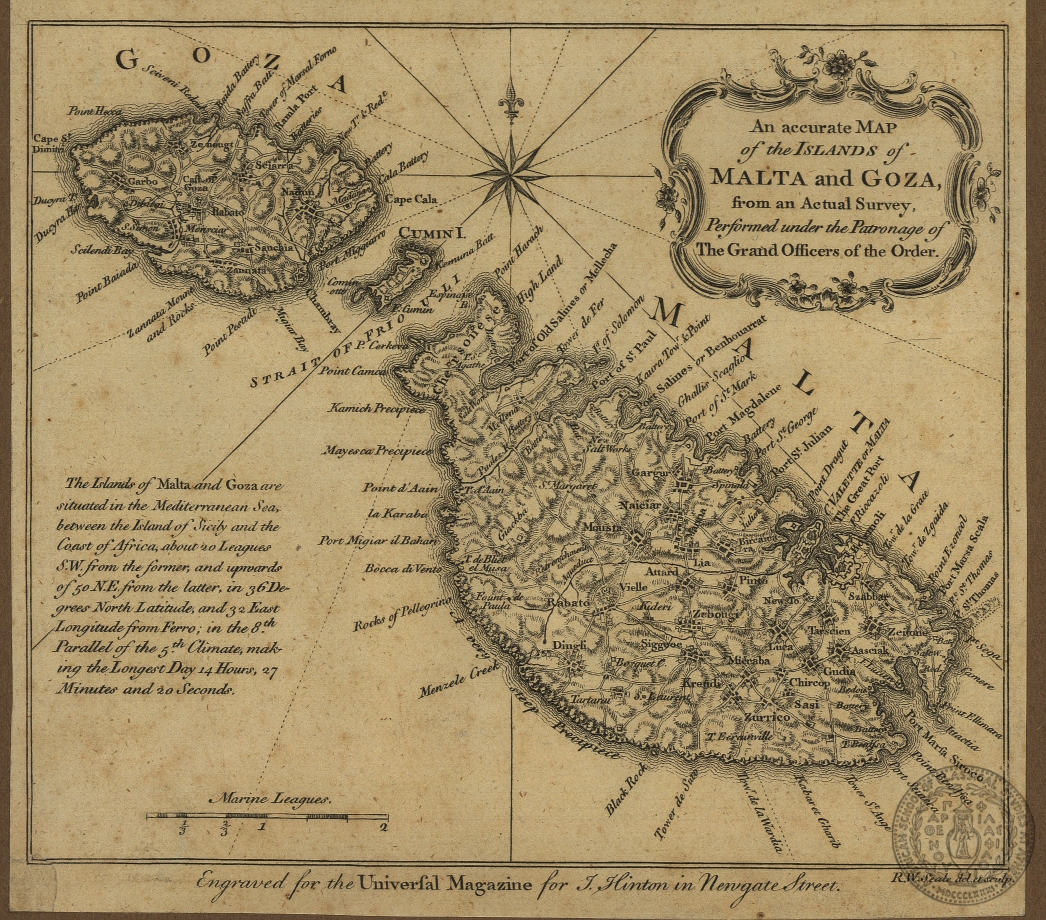 An accurate map of the islands of Malta and Goza [sic], from an actual survey, performed under the patronage of the Grand Officers of the Order.